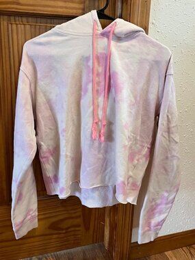 Wild Fable Cropped Raw Hem Hoodie Sweatshirt, Tie Dye Pink, XS